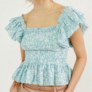 ANTHROPOLOGIE LOVE THE LABEL SMOCKED PEPLUM TOP